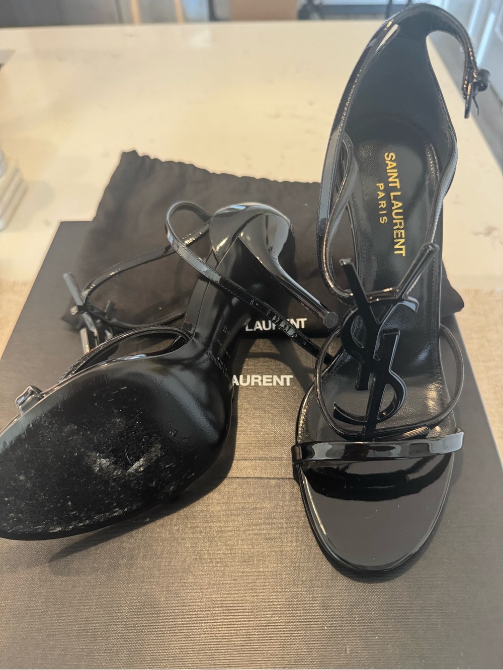 Saint Laurent Black Patent YSL Logo Slingback Heels - Picture 6 of 7